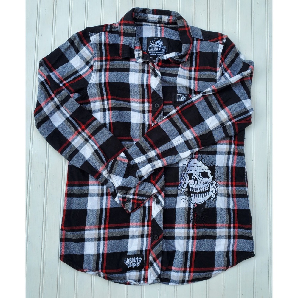Lurking Class Sketchy Mens Small Plaid Flannel Skull Graphic Button Up Shirt